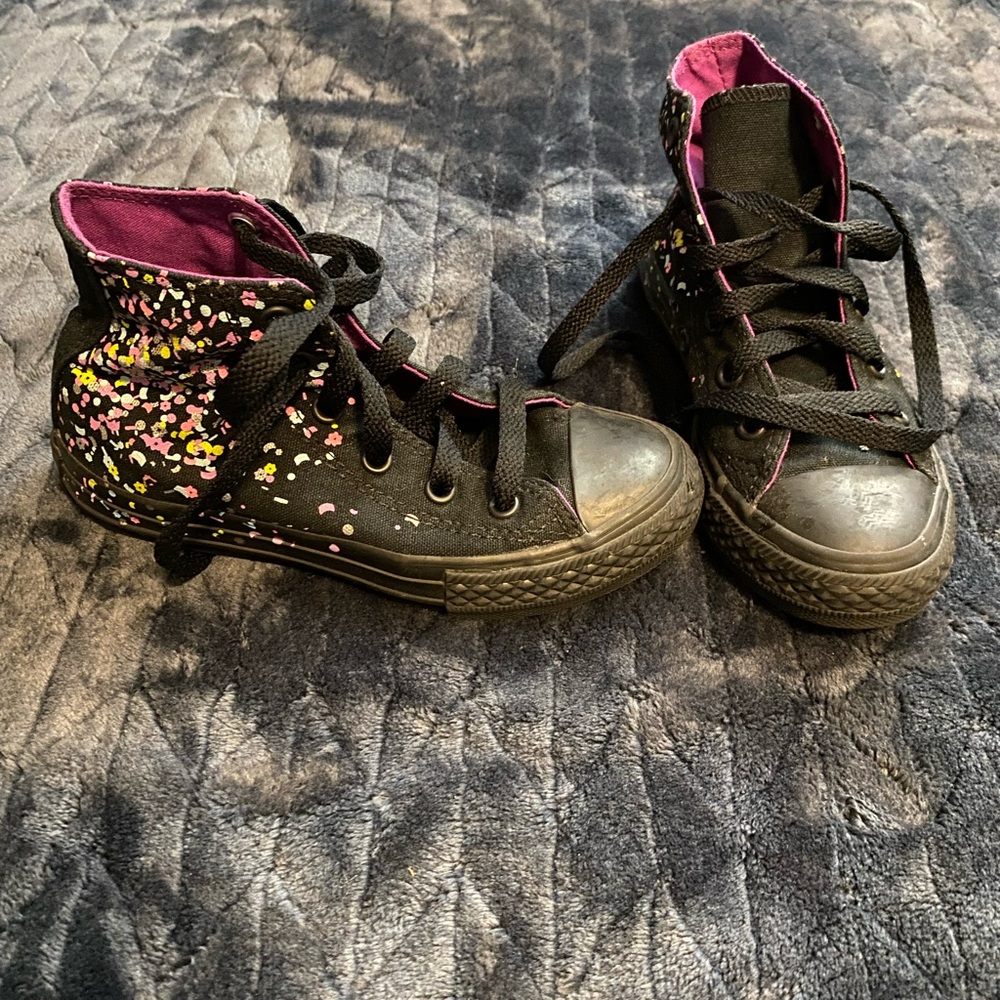 Converse Black and Pink High-Top Sneakers with Leopard Print